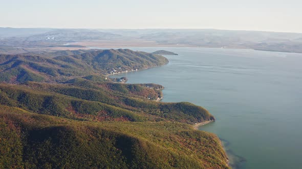 Seashore with Green Yellow Red Tree Crowns in Deciduous Forest in Autumn