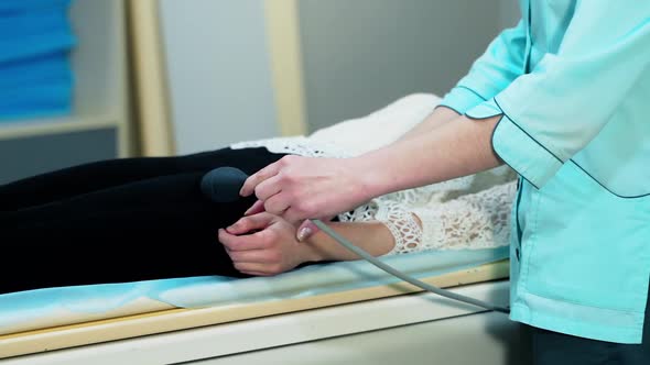 Patient in the hospital. Woman is laying in magnetic resonance image device.