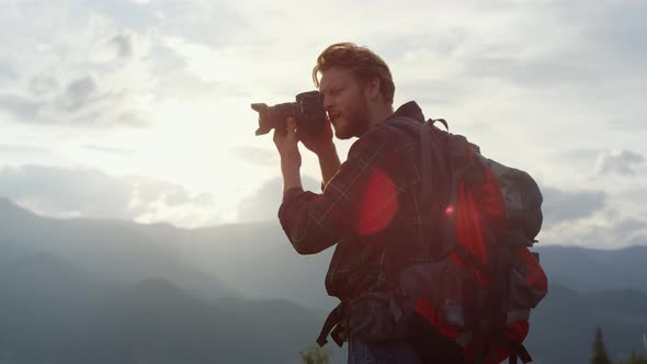 Closeup Young Tourist Make Photo at Mountains Scenery