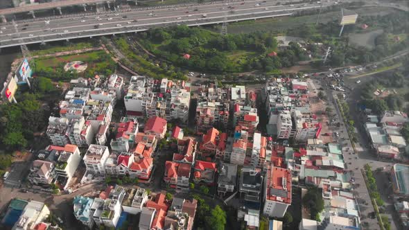 Flying Drone in an Early Sunny Morning Over a City with a Lot of Smoke, Smoke From City Cars and