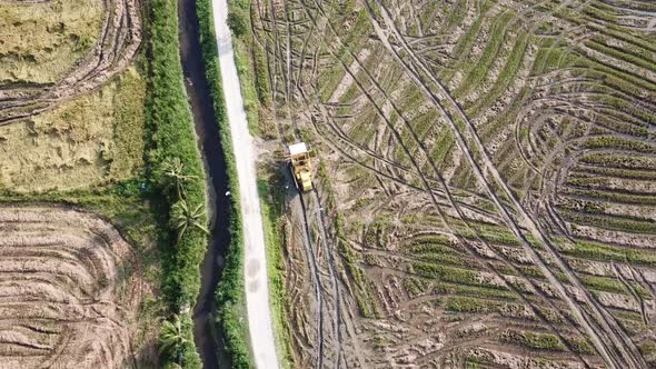 Aerial view follow harvester