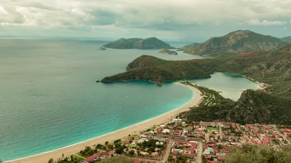 Mediterranean Bays and Beach Blue Water Sky Footage Aerial Green Pine Trees Oludeniz Blue Lagoon