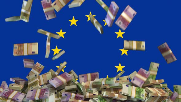 Euro Banknotes falling in front of flag of EU