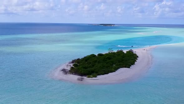 Drone view panorama of tropical bay beach by blue water and sand background