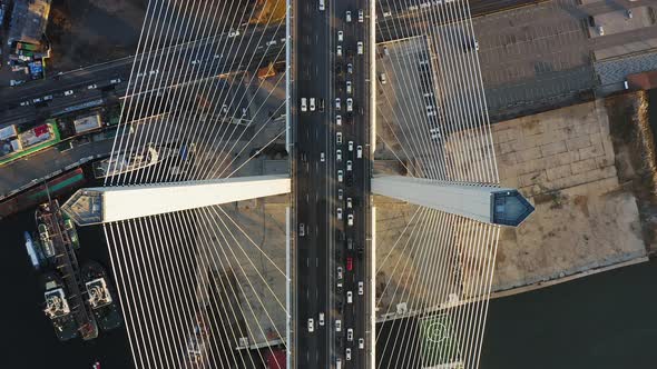 Vertically Down View on the Road with Dense Traffic of the Cablestayed Bridge