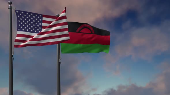 Malawi Flag Waving Along With The National Flag Of The USA - 4K