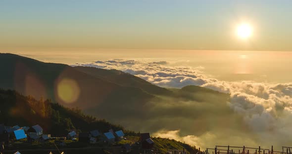 Beautiful slider moving shot above the clouds on sunset at Gomismta, Georgia