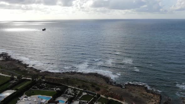 Cloudy Summer Sky Over Foamy Waves of Mediterranean Sea on Cyprus, Beautiful Seascape on Sunny