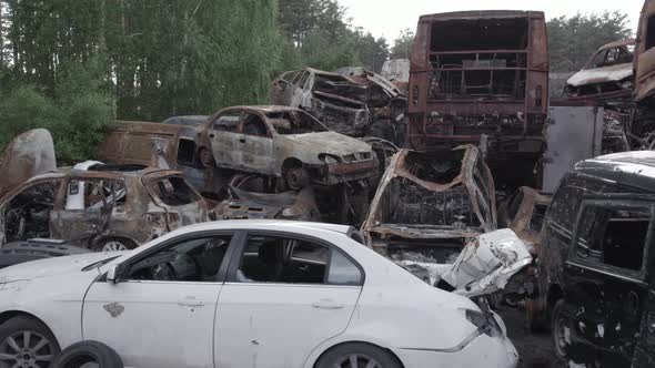 War in Ukraine a Dump of Shot and Burned Cars in Irpin Bucha District