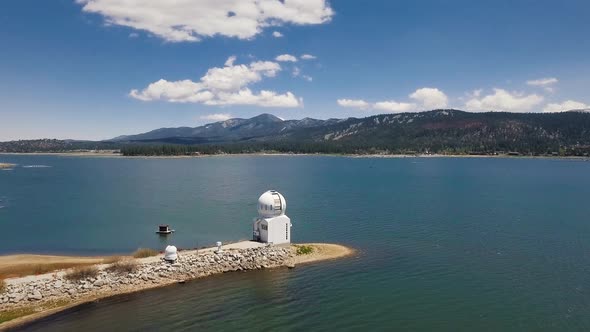 Panoramic drone view of Big Bear Solar observatory, Big Bear Lake, California