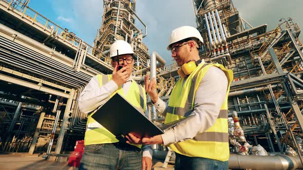 Refinery with Two Employees Discussing a Project