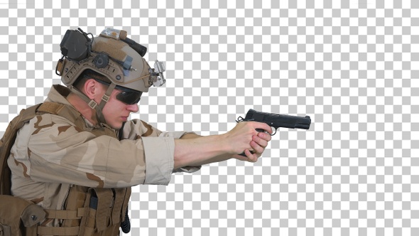 Soldier aiming and shooting with a pistol, Alpha Channel