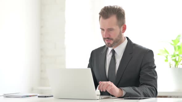 Young Businessman Celebrating Success While Using Laptop in Office