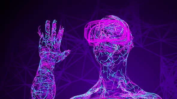 Man Wearing Virtual Reality Glasses Consisting Of Tangled Colored Wires alt