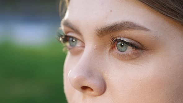 Closeup Face Young Caucasian Woman Portrait Looking Away Serious Confident Urban City