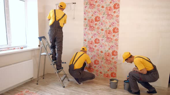 Builders Hang Wallpaper in the Apartment.