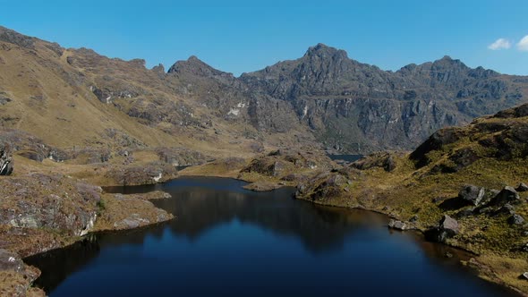 4k aerial drone footage over the  5th lagoon of Pichgacocha from Ambo,  Huanuco, Peru in the Andes m