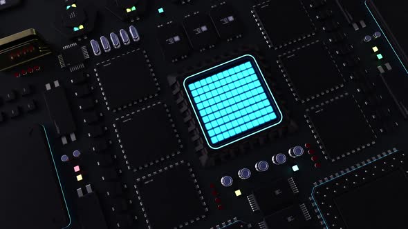 components of computing power on a chip. futuristic animation . next-generation computer technology 