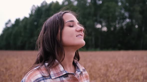 Close Up Portrait of Woman Looking at Rain in Nature, Tourist Girl, Slow Motion