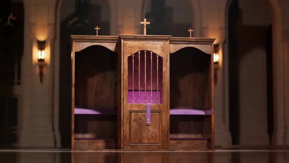 Christian chapel with confessional. Place in the church to confess sins. Mercy.