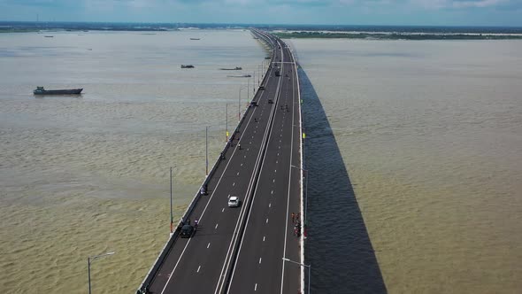 Aerial view of Padma bridge, over the Padma river by day, Dhaka, Bangladesh.