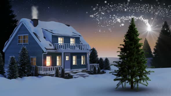 Illustration of house and snow covered trees on a snowy landscape