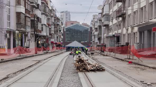 Tram After Their Installation and Integration Into Concrete Plates on the Road Timelapse