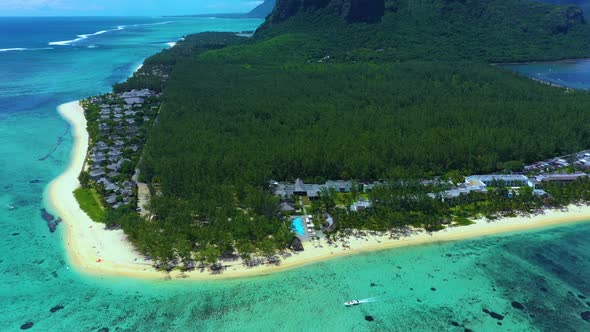 Aerial view of Mauritius island panorama and famous Le Morne Brabant mountain, beautiful blue lagoon