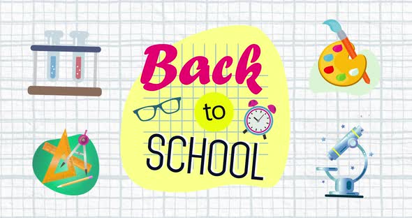 Back to School written in pink and black with several school pictograms  alt