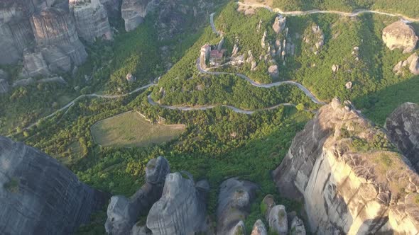 Flying over Meteora rock formations and monasteries in Greece