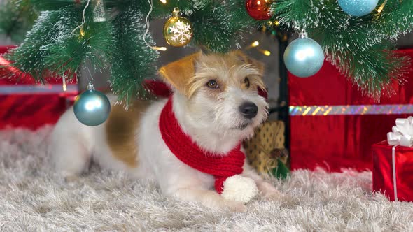A gift dog in a red New Year's scarf lies under a Christmas tree