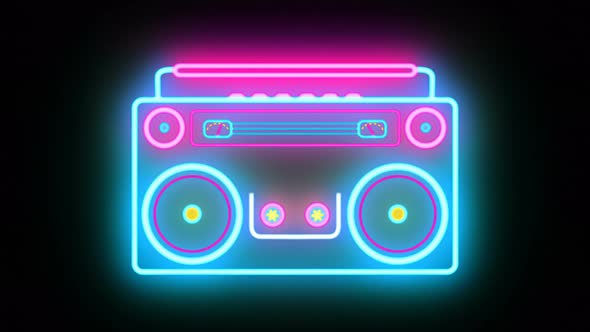 Abstract Neon Retro Boombox Music Tape Recorder Radio