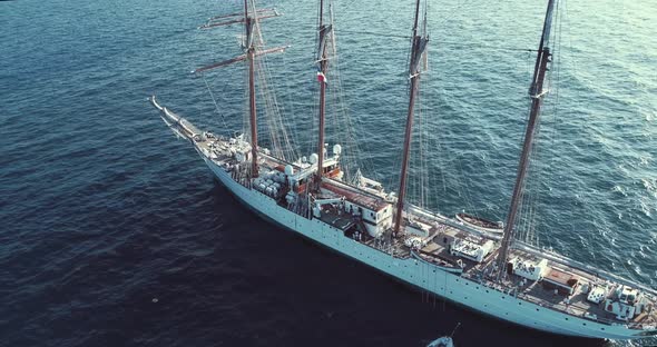 View from above of schooner ship Juan Sebastian de Elcano and crew.