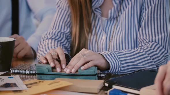 Close-up Shot, Hands of Caucasian Female Office Worker on Pencil Case, Working Together with