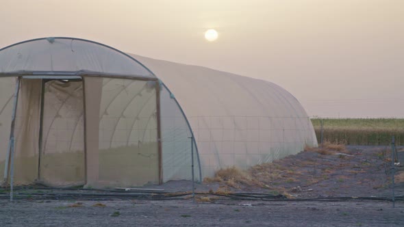 Farmer drinking coffee looking at the sunrise over a greenhouse farm