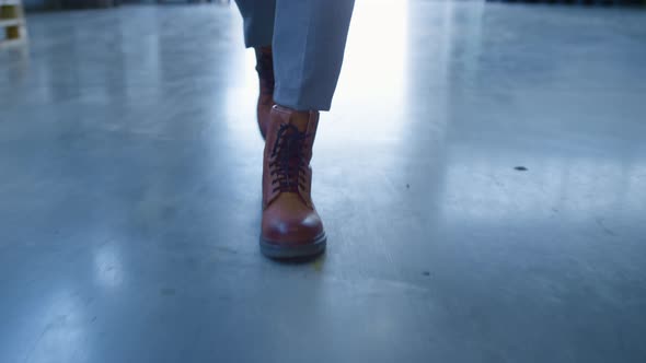 Closeup Factory Worker Walking Workplace Working in Manufacture Storehouse