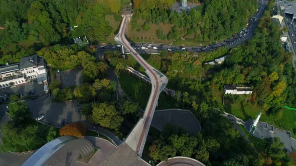 Drone Aerial View Beautiful Kyiv Pedestrian and Bicycle Klitschko Bridge