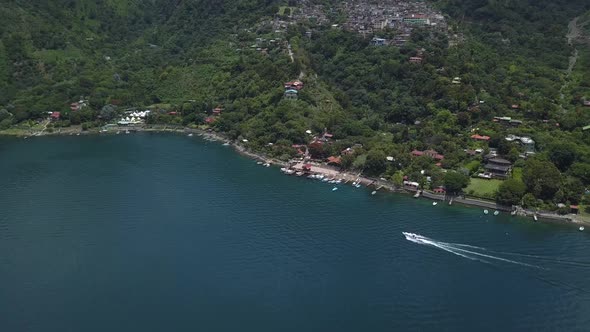 AERIAL: Boat in Atitlán Lake in Guatemala