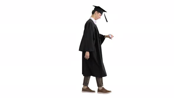 Graduate Student Walking and Smiling on White Background