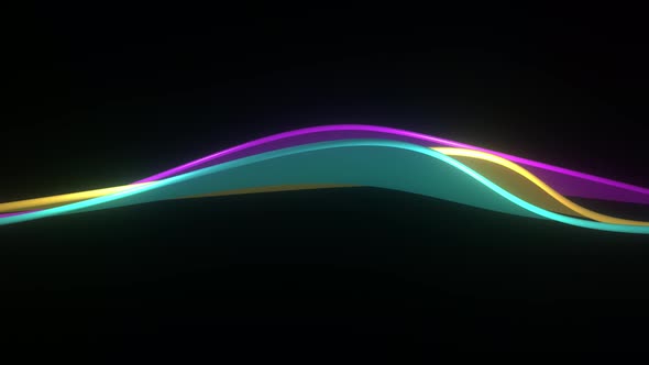 Animation of glowing banner flags in teal, gold, and pink on a black background. Slow and calm wavy