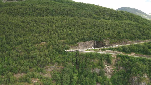 Ornesvingen Viewpoint. Viewing Platform With Green Mountain Forest In Valldal, Norway. aerial