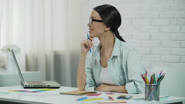 Woman Designer Thinking Over Project Remote Working at Home Stylist of Clothes