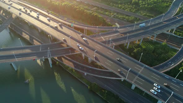 Aerial Drone View Highway Multilevel Junction Road Moving Car Sunset