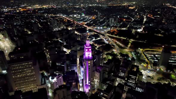 Night aerial time lapse landscape of downtown Sao Paulo Brazil. Traffic at famous avenue