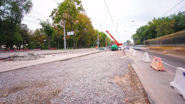 Road Construction Site with Tram Tracks Repair and Maintenance Timelapse alt