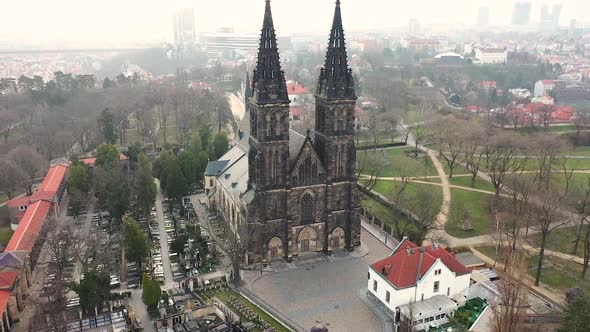 Saint Peter and Paul Cathedral, Vysehrad, Prague, Czech Republic. Aerial View of Landmark and Cemete