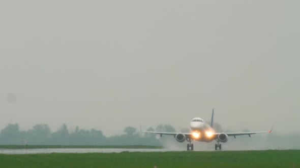 Jet Airplane Departure at Rain