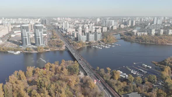 The Left Bank of Kyiv in the Fall. Hydropark. Ukraine. Dnipro River. Aerial View