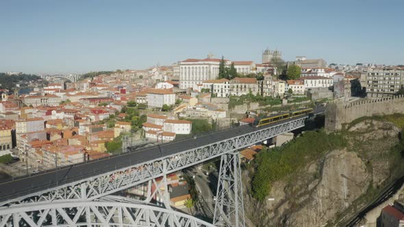 Oporto Urban Tram on Upper Deck of Dom Luis I Bridge