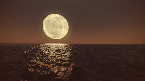 Animation of bright glowy moon reflecting on the dark surface of the calm ocean.